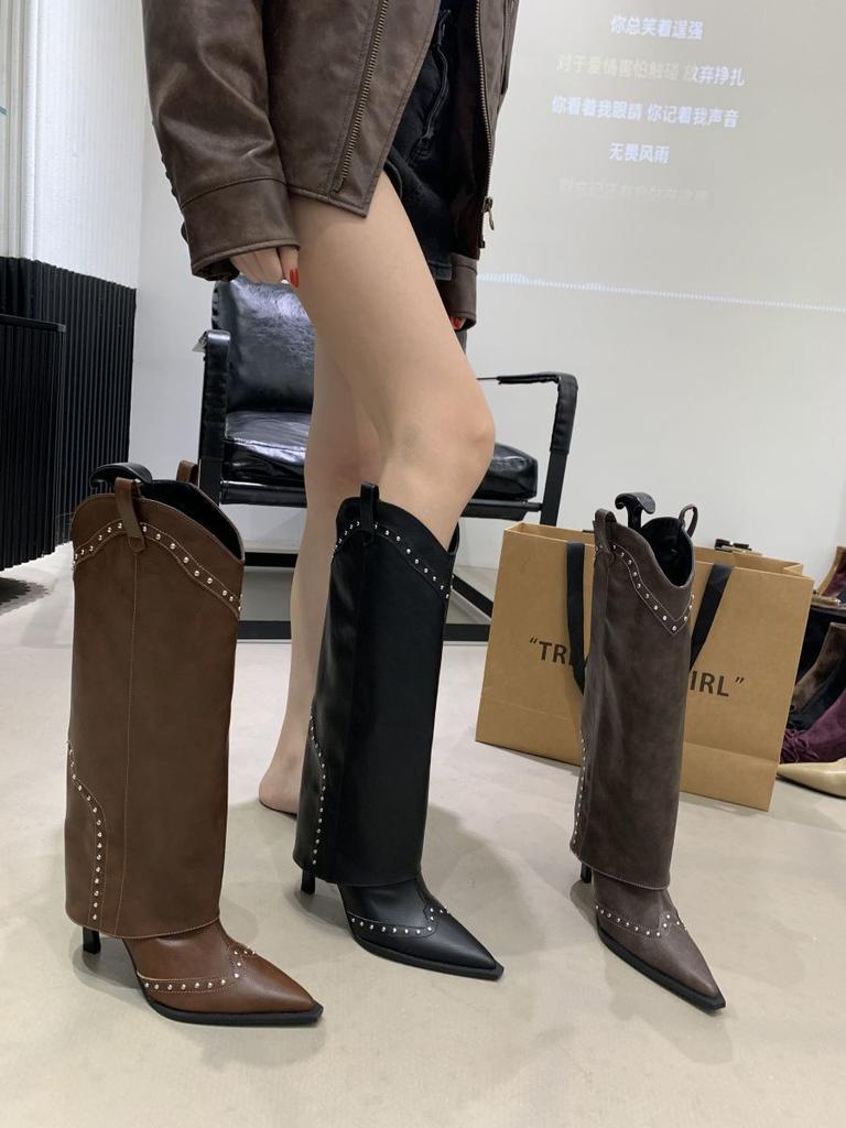 Pointed thin heel boots 2025 autumn new retro high heel trouser boots niche versatile high tube fashion boots women