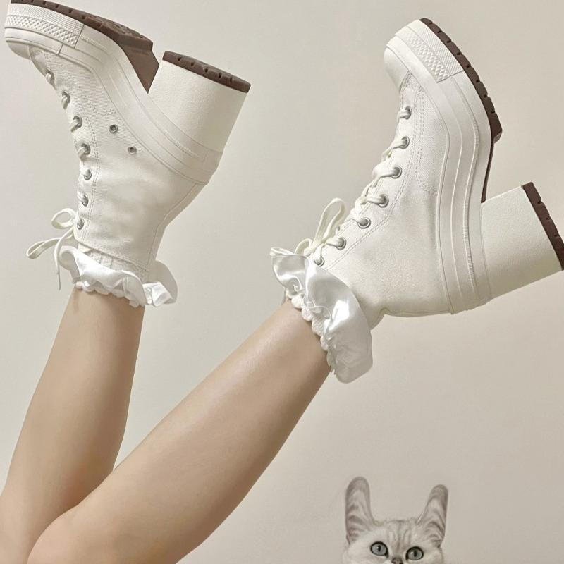 Fashion 2025 Women's Mid-tube Mid-heel Canvas Fashion Boots Spring and Autumn New Rubber Sole Lace-up Square Heel Anti-slip