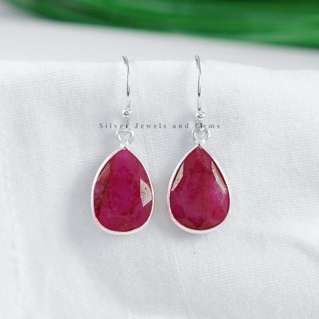 Red Ruby Earring, Teardrop Bezel Earring, 925 Sterling Silver Earring, Birthday Earrings, Light Weight Earrings, Handmade Earrings