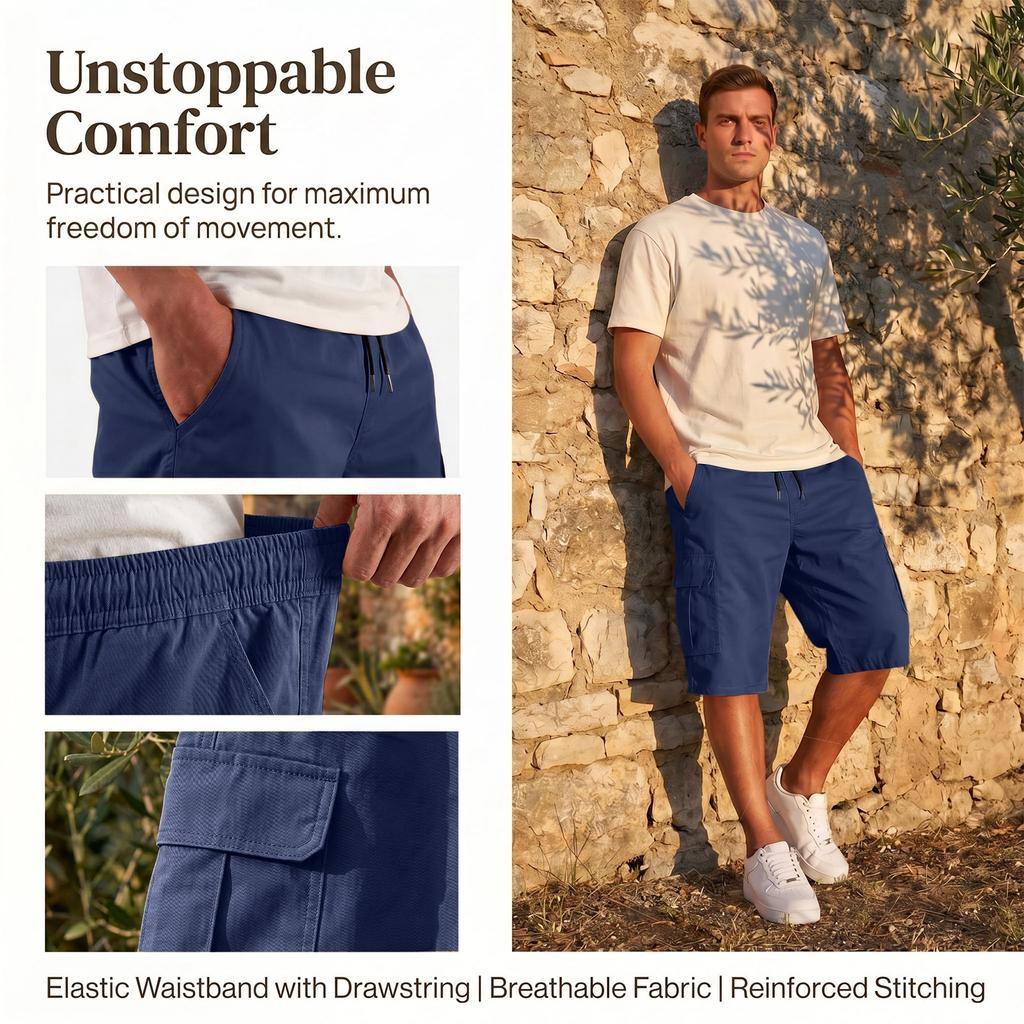 Men's Elastic Waist Cargo Shorts Adjustable Belt Multiple Pockets Casual Style Suitable for Hiking Worksite Summer Wear