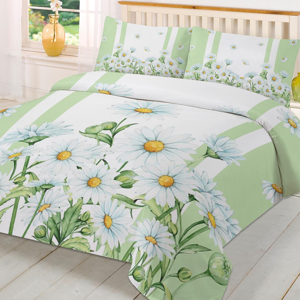 Summer Flowers Daisies Watercolor Green 3pcs Bedding Set For Double Bed Home Textile Duvet Cover Quilt Cover Pillowcase
