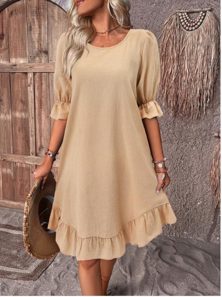 Women Retro Cotton Hemp Loose Swing Dress Spring Summer Solid Color Round Neck Mid Sleeve Large Size