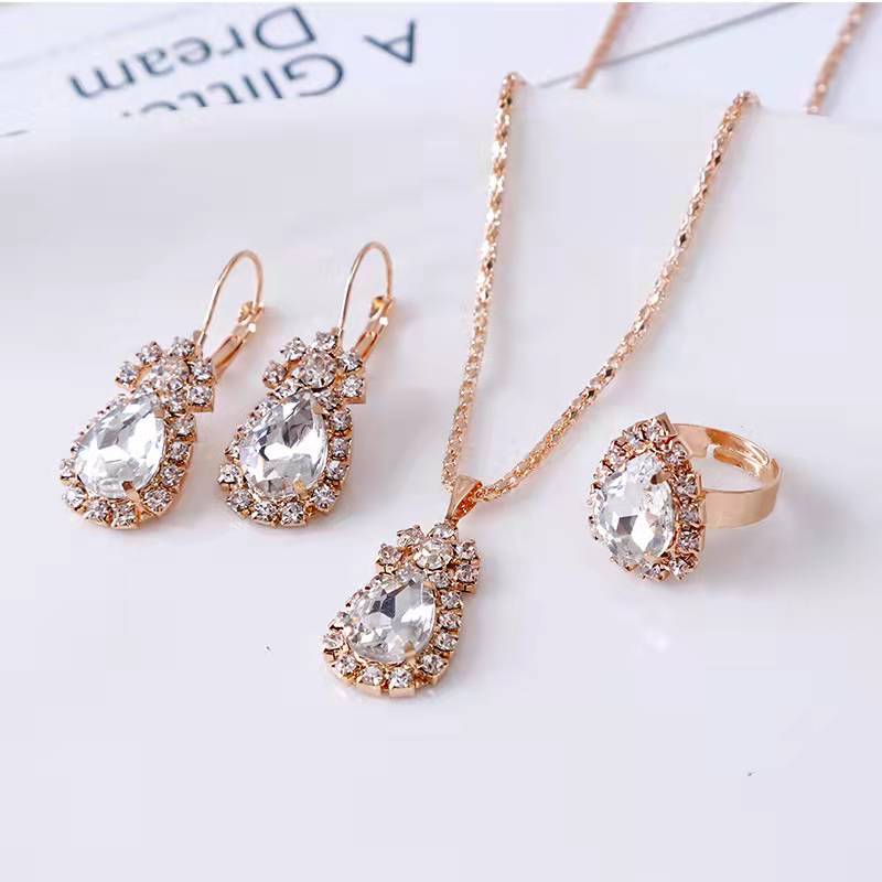 Women Rhinestone Teardrop Necklace Earrings Ring Set Crystal Elegant Luxury Pendant For Bridal Bridesmaid Jewelry Accessory Gift