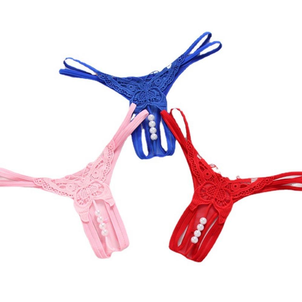 Embroidered Sexy Panties Women's Transparent Hollow Seduction Pearl Massage Open Thong Ultra-thin Perspective T-pants