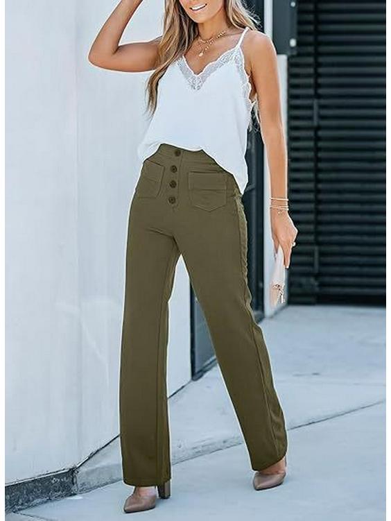 2024 Fashion Women's High-Waist Casual Straight Pants with Elastic Belt and Multiple Pockets