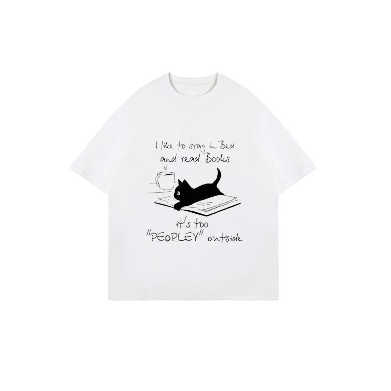 Oversize T-shirt Czarny Kot Czytający Książkę I Filiżanka Kawy Nadruk Lubię Zostawać w Łóżku I Czytać Książki Na Zewnątrz Jest Zbyt Dużo Ludzi Graficzny T-shirt Do Codziennego Noszenia