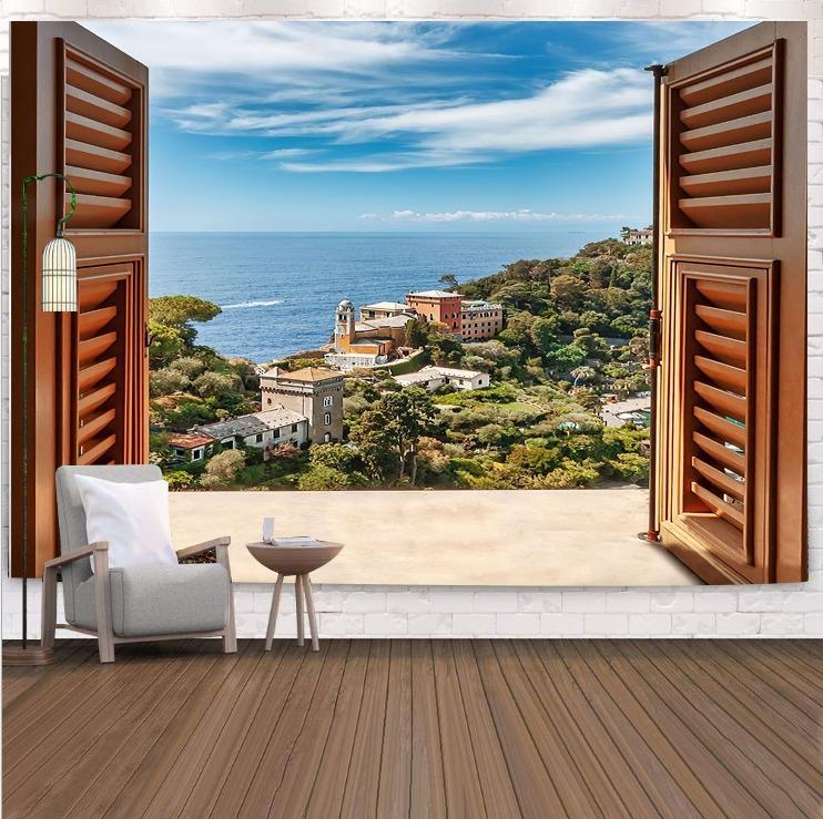 Berglandschaft vor dem Fenster, hängender Wandteppich, Wanddekoration für Zuhause, Büro, Wohnzimmer