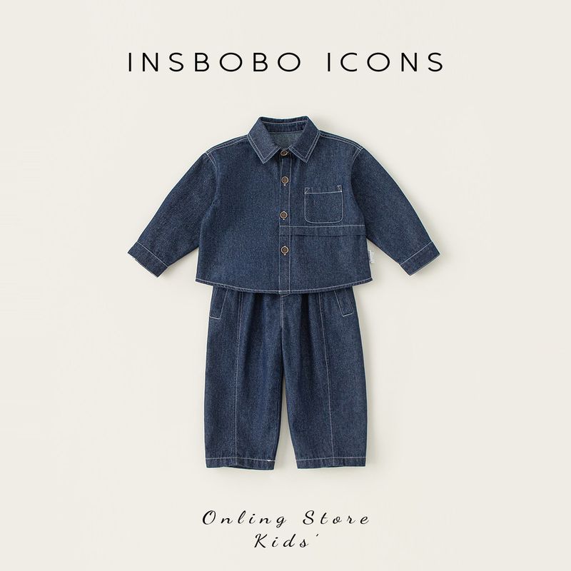 Детский костюм Insbobo Весенний наряд 2026 Новый весенний джинсовый костюм для мальчиков Модный длинный рукав для девочек Cowboy Blue 130