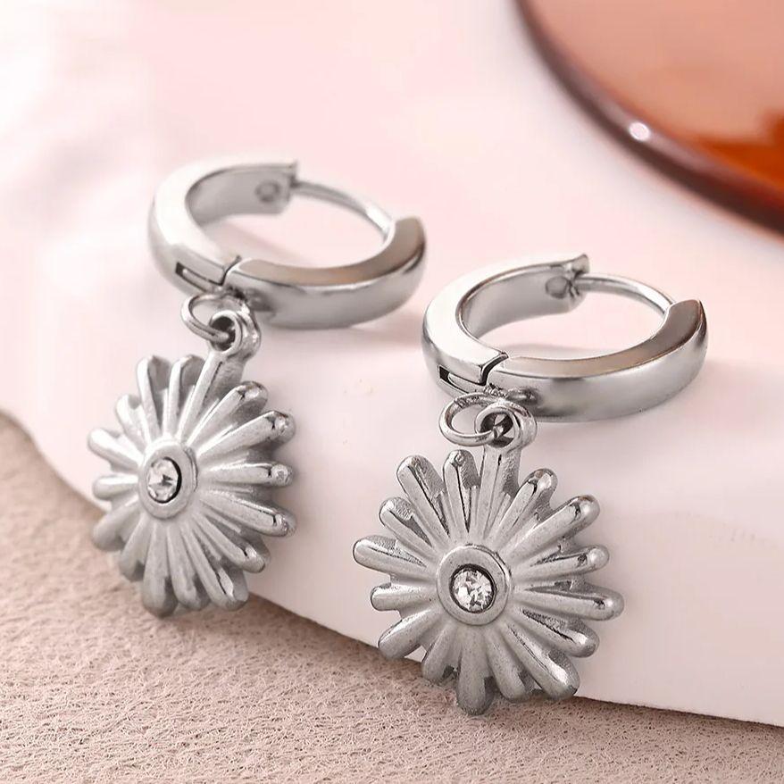Zircon Sunflower Dangle Earrings For Women Gold Color Stainless Steel Geometric Sunflower Earring Wedding Christmas Jewelry