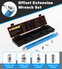 Jeu de clés à extension décalée, Clé de 15,4' avec adaptateurs carrés 1/4', 3/8', 1/2' et douille de 1/4' pour espaces restreints.