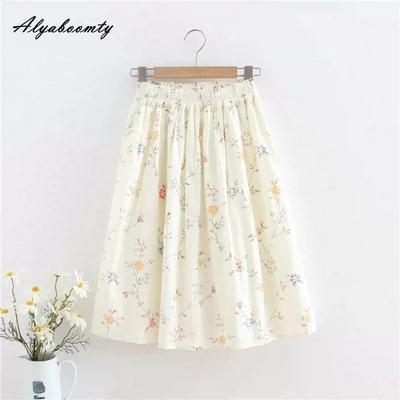 Gonna a trapezio da donna estiva in stile preppy giapponese, vita elastica, gonne dolci in cotone con stampa floreale albicocca da donna