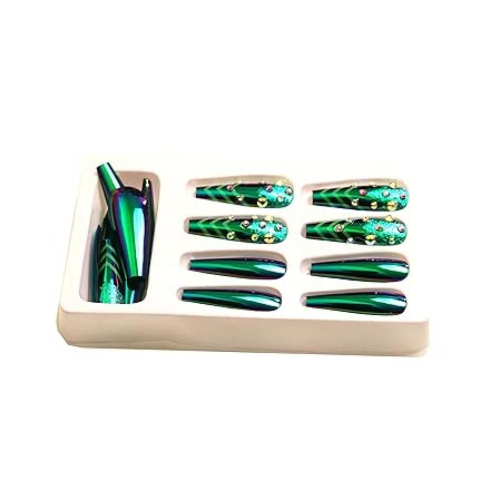 24pc Set Of Extra Long French Artificial Nails With Stone With Free Application KIt (Green Multi)