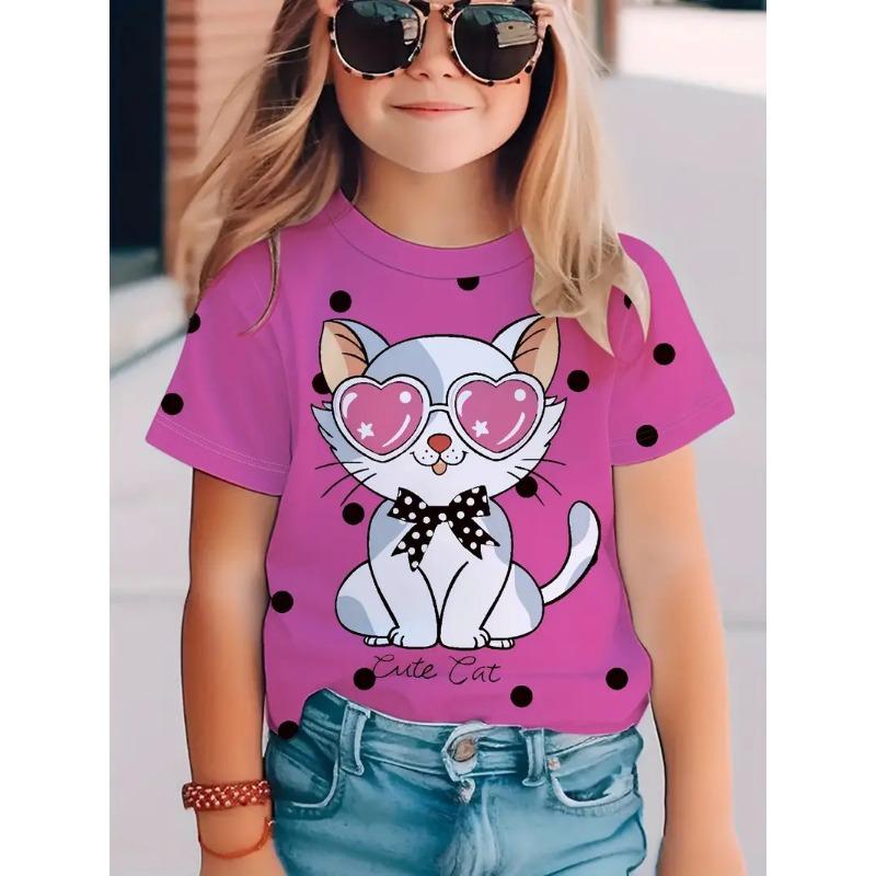 Children's Short Sleeved T-shirt Girls' Round Neck Summer Cat Print Fashionable Casual Versatile T Shirt