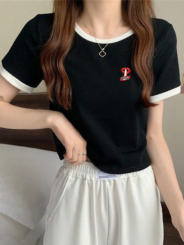 Women's Fashionable Slimming Cropped T-Shirt Short Sleeves Color Blocking Round Neck Summer New Style Smooths Your Silhouette