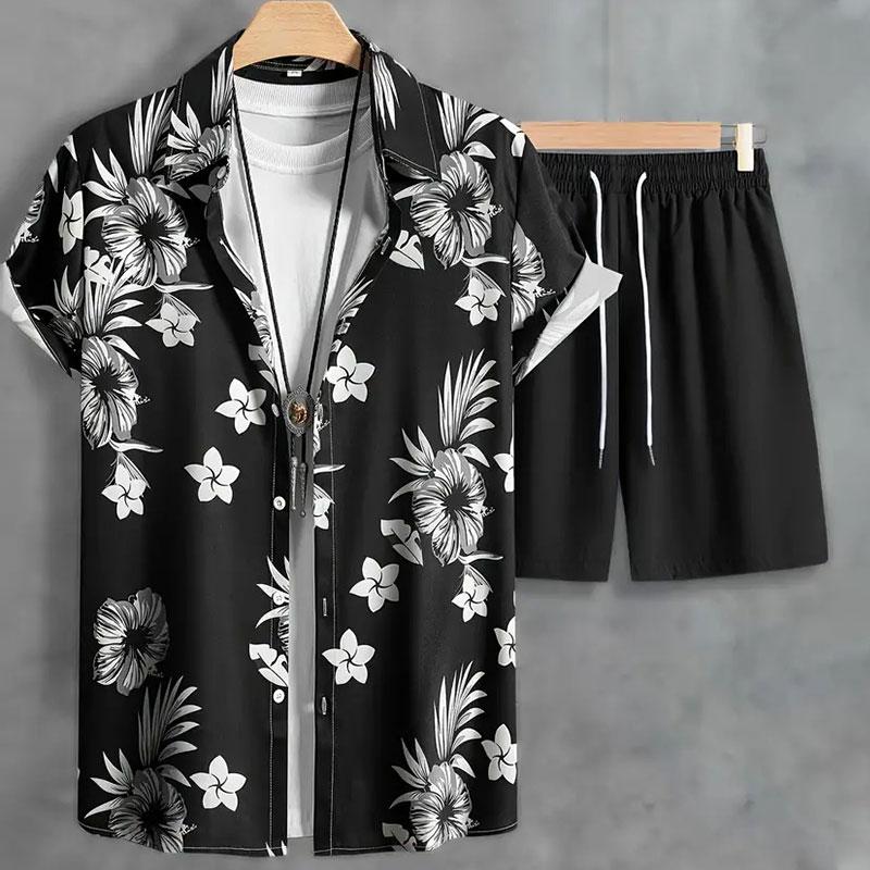 Hawaiis Neues Klassisches Herren Freizeithemd Bedrucktes T-Shirt und Zweiteilige Shorts Sommer Outdoor Reiseaktivitätskleidung