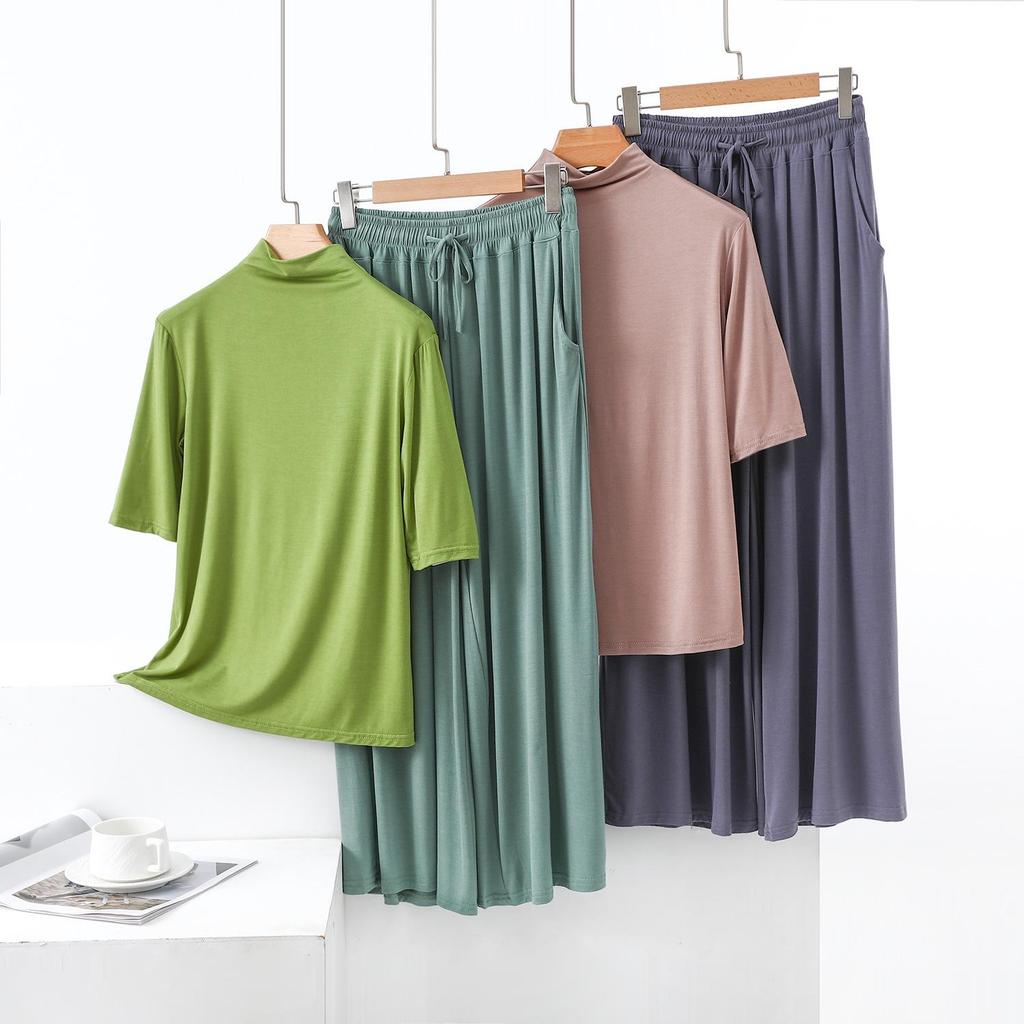 Modal Semi-High Neck Five-Sleeve Shirt & Pocket Wide-Leg Pants Casual Plus Size Two-Piece for Women