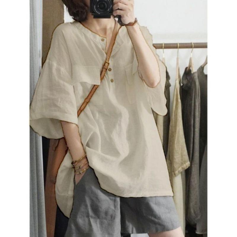 Southeast Asian Autumn Fashion Loose T-shirt Women's Solid Color Five-quarter Sleeve Plus-size Top for Women
