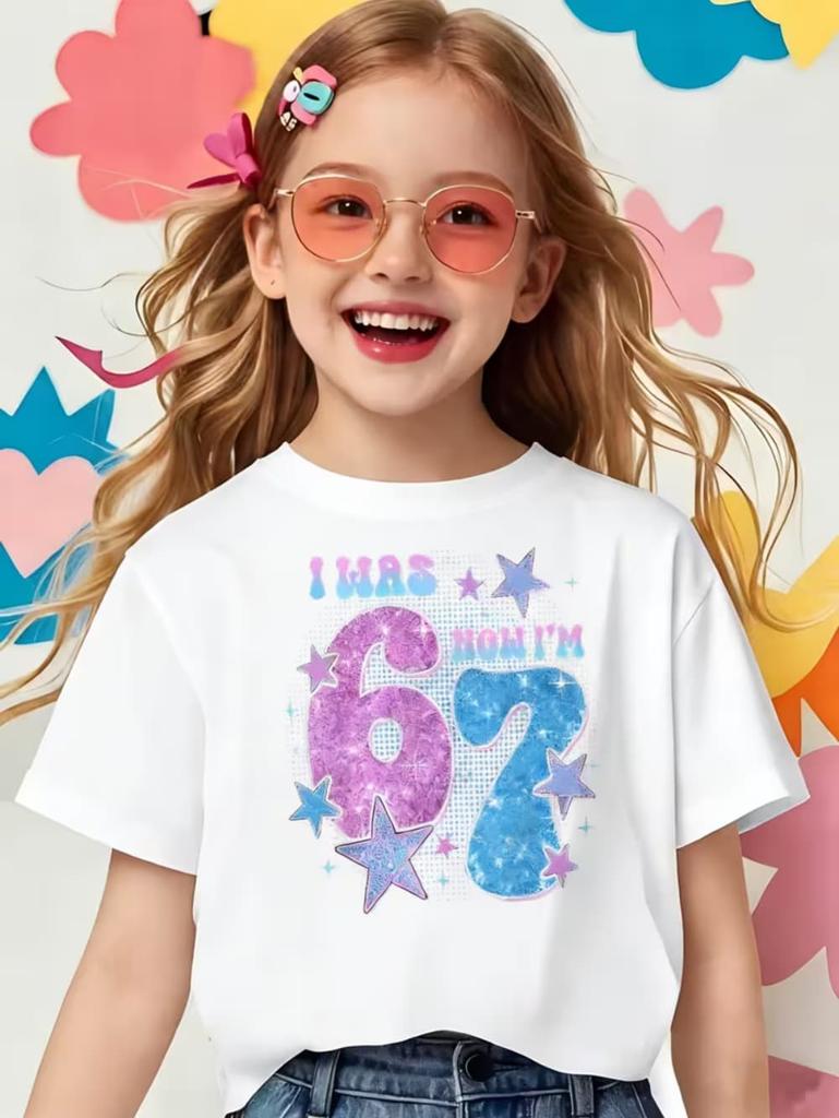Funny Six Seven 67 Meme T-Shirt for Kids 7 Years Old Birthday Party Gifts Summer Short Sleeve Tees Crew Neck Children's Clothing