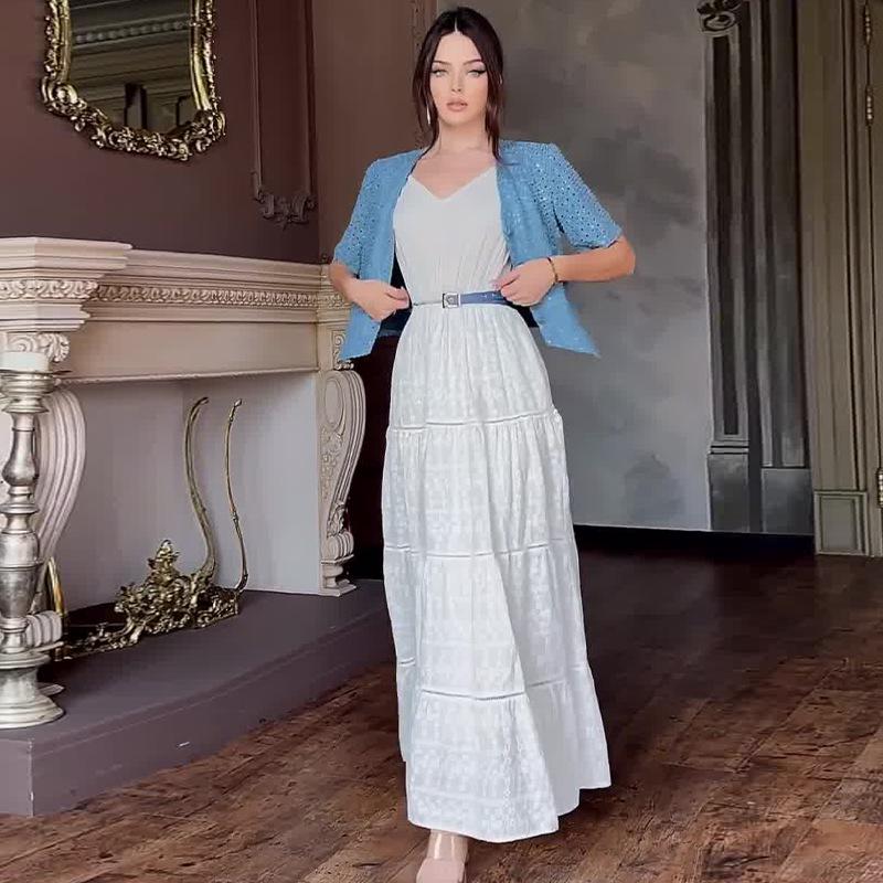 

Летний женский комплект из длинного платья с V-образным вырезом, облегающего талию и стройнящего, однотонного цвета XXXL синий