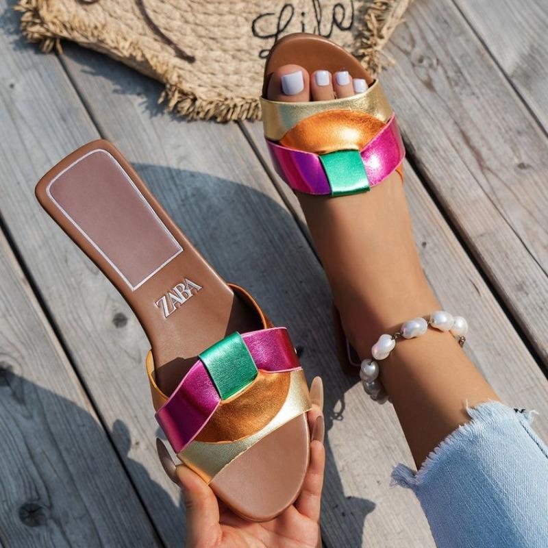 Large size flat bottom trend one-character slippers women's new cross solid color fashion slippers