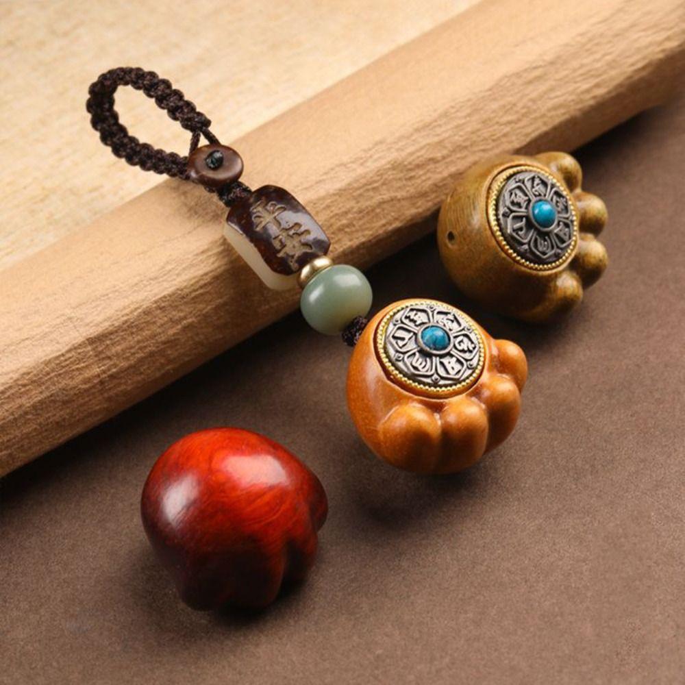 Chinese Style Sandalwood Cat Paw Keychain Pendant Spin Wheel Car Keychain  Women