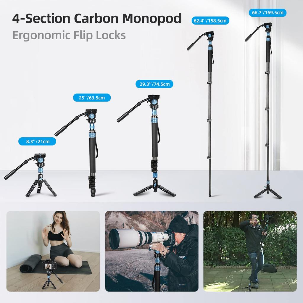 SIRUI Carbon Fiber Camera Monopod with Fluid Video Head Professional Heavy Duty Monopod with Tripod Base for DSLR Cameras Max Load P-424FS 67" VH-10