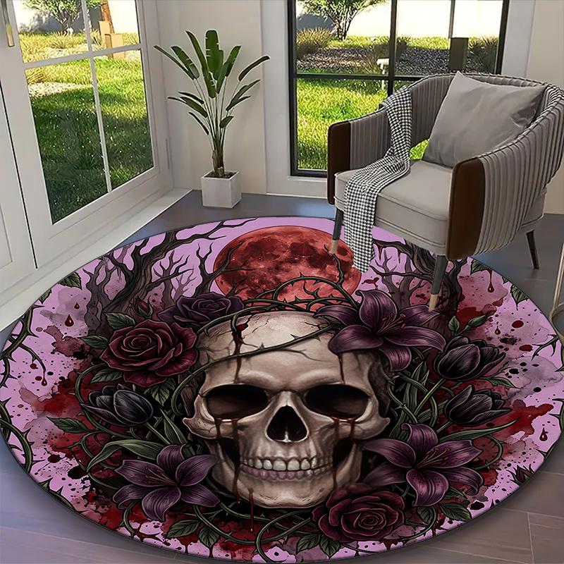 1pc Gothic Black Rose Carpet for Room Floor Mat, Comfortable Office Chair Printed Round Rug, Beautiful Hotel Rug