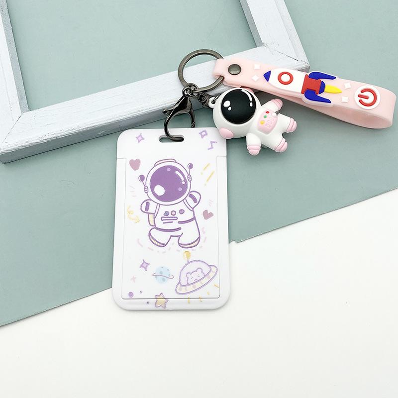 Women Men Work Card Cover White Astronaut Pattern Business Name Card Badge Holder Bus Access Guard Credit Card Case with Lanyard