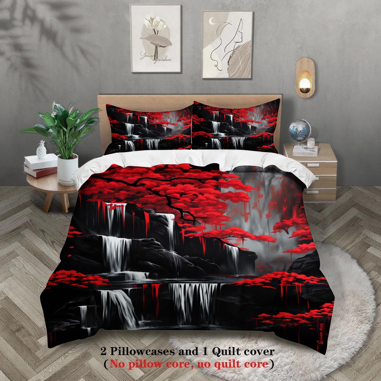 

3pcs Red Maple Tree Waterfall Bedding Sets 3D Printed Nature Landscape Duvet Cover Sets With Pillowcases No Filling US Twin(172x218cm)