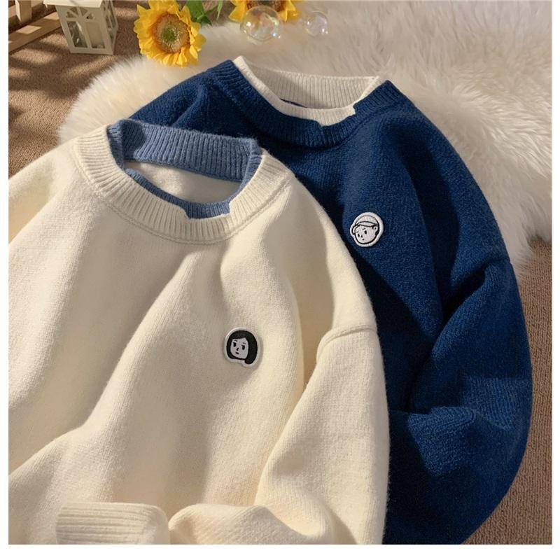 Men's Fake Two Piece Knit Sweater Crew Neck Casual Embroidered Pullover