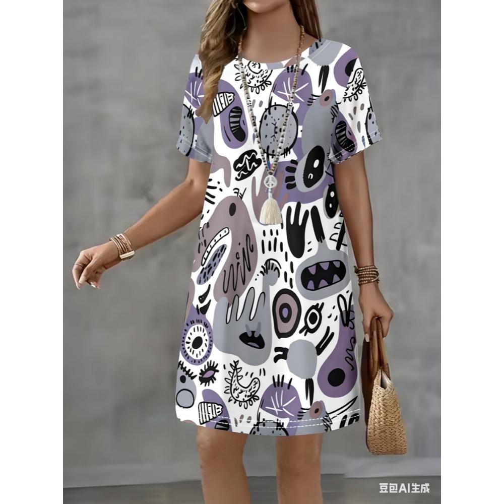 Mini-Kleid mit Rundhalsausschnitt ist für den Sommer und alle Jahreszeiten geeignet.. Es hat einen lockeren Schnitt.