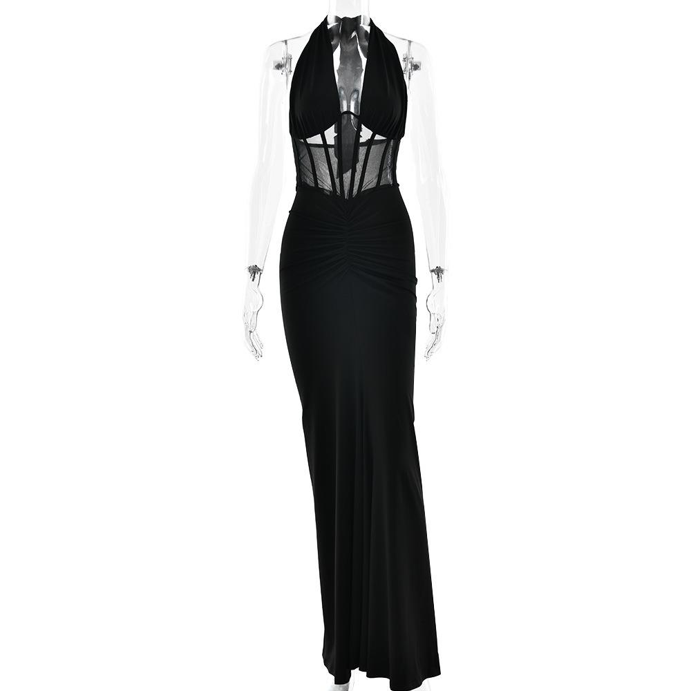 Women's V Neck Sleeveless Maxi Dress Slim Fit High Waist Sexy Club Bodycon Dress Milk Silk Mesh Backless Ruched Tie Front Summer Party Long Dress