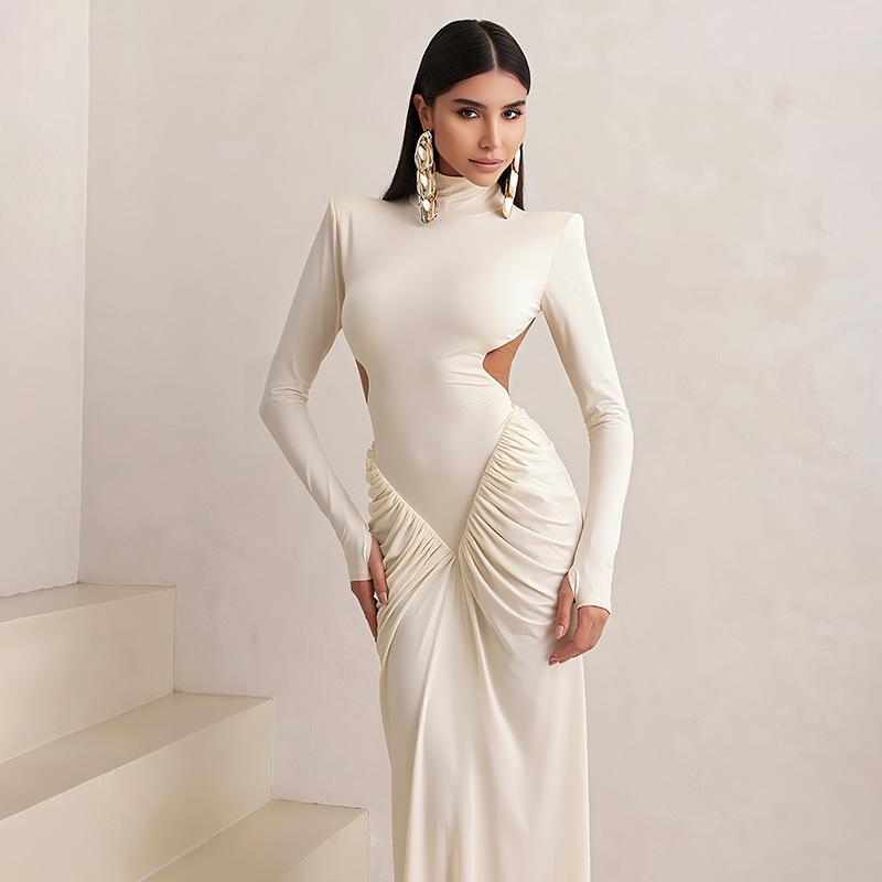 Women High Neck Cut Out Ruched Maxi Dress Slim Fit
