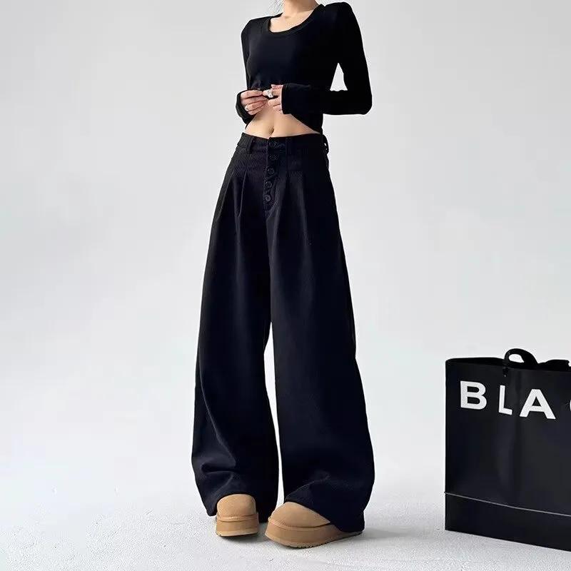 Amerikanische Retro-High-Waist-Einknopf-Hose Damenbekleidung Weiter Bein Modisch Falten Locker Basic Gerade Freizeit Hose