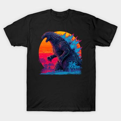 Men Black Print T-shirt Godzilla No-Cut Transfer Paper Print Cotton Tshirt