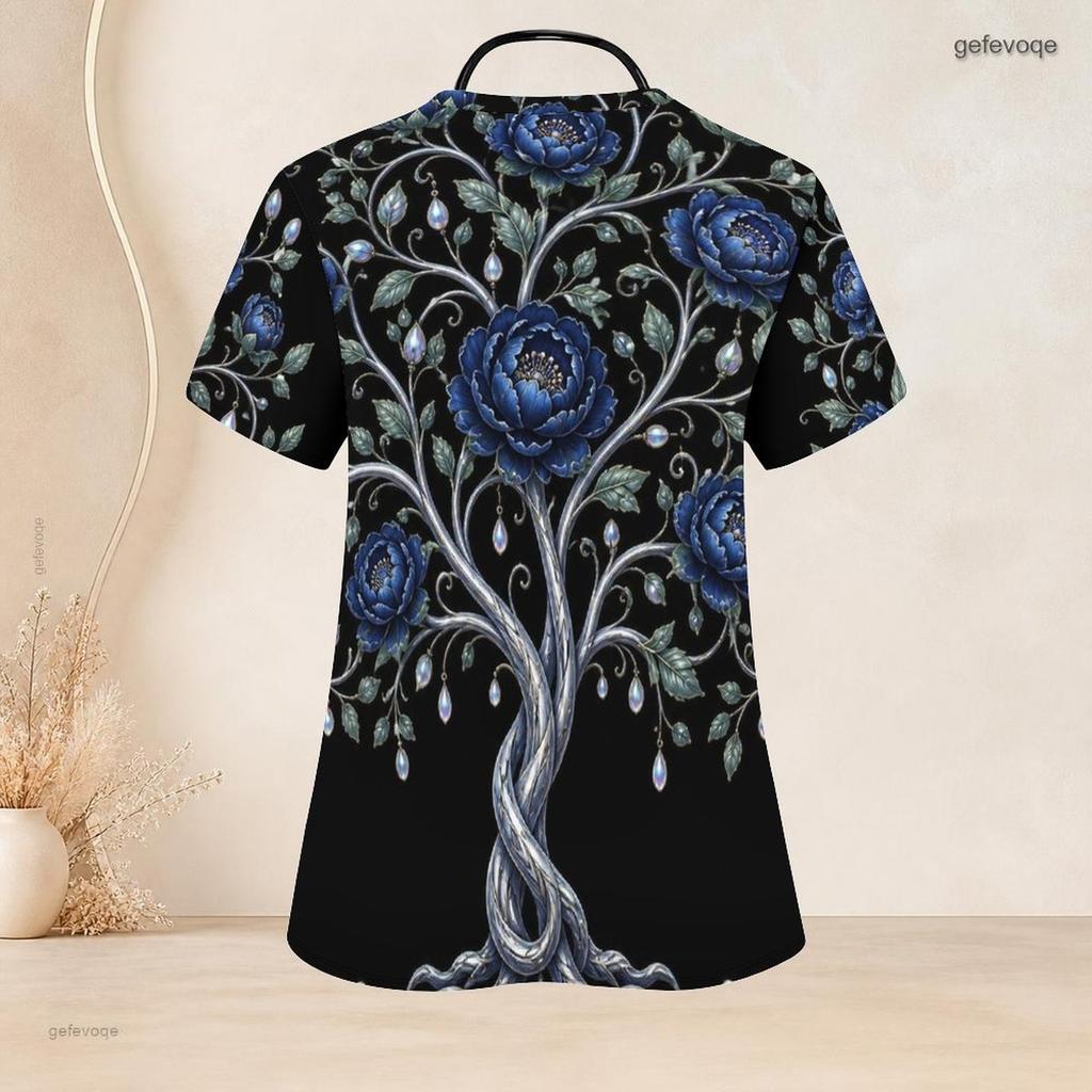 Women Plus Size Dark Green Printed Scrub Top V Neck Short Sleeve With Front Pockets