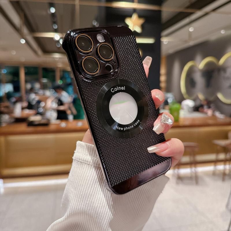 Applicable to iPhone16PRO mobile phone case Apple 15 heat dissipation electroplating borderless mesh case 143 magnetic suction hollow anti-drop