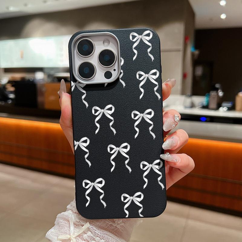 Bowknot Pattern TPU Leather Texture Case For iPhone 16 15 Pro Max 14 Pro 13 12 11 Slim Matte Shockproof Soft Phone Cover