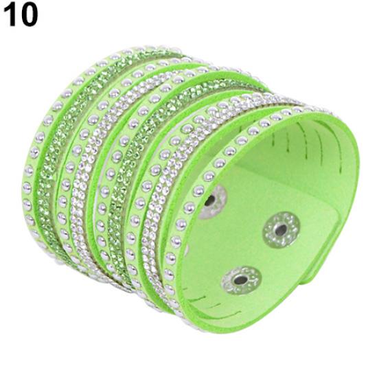 Women's Multilayer Wrap Rivet Rhinestone Suede Cuff Bangle Wristband Bracelet ADM
