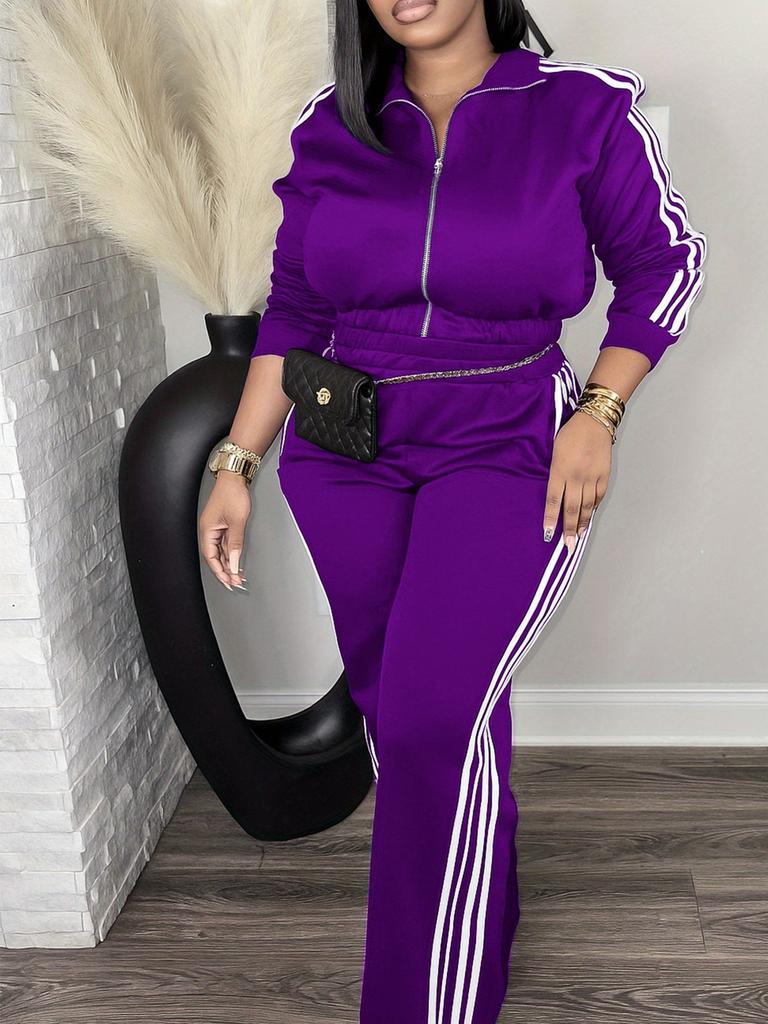 Women's Zip Front Hoodie and Side Stripe Pants Tracksuit Set