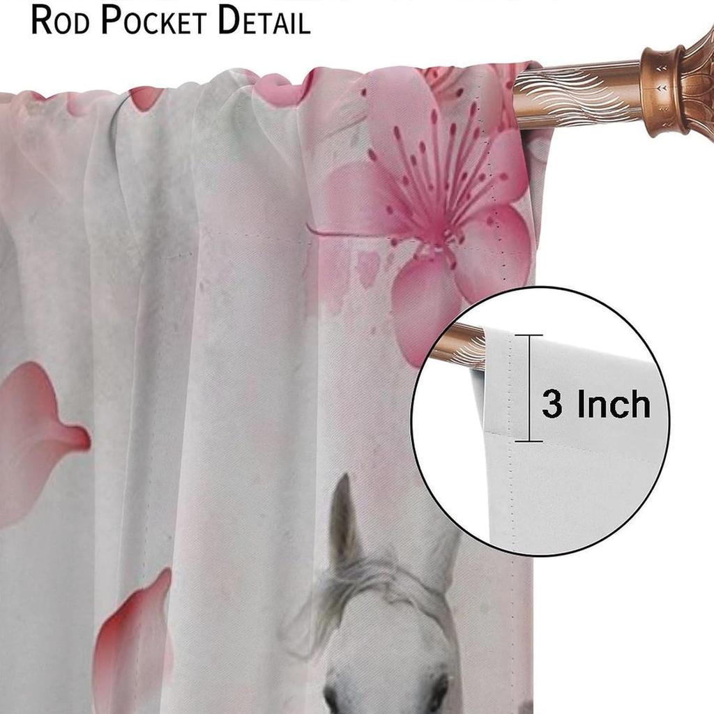 Horse Window Curtains, Western Wild Horses Under Cherry Curtains For Living Room,Country Style Rustic Farm Animal Horse Pink