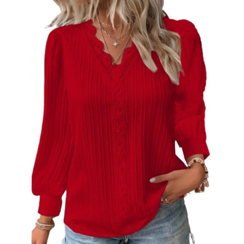 

Женская мягкая рубашка с V-образным вырезом и длинными рукавами из кружева на весну и осень 4XL красный