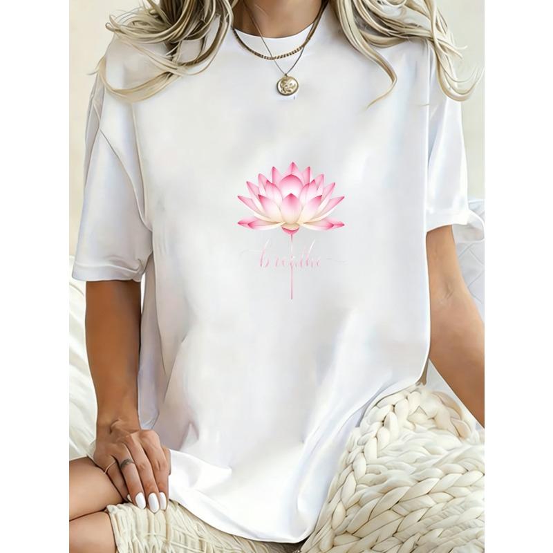 Übergroßes T-Shirt Schwarze Lotusblume Und Breathe Aufdruck Lässige Kleidung Für Damen Yoga Meditations-Outfit