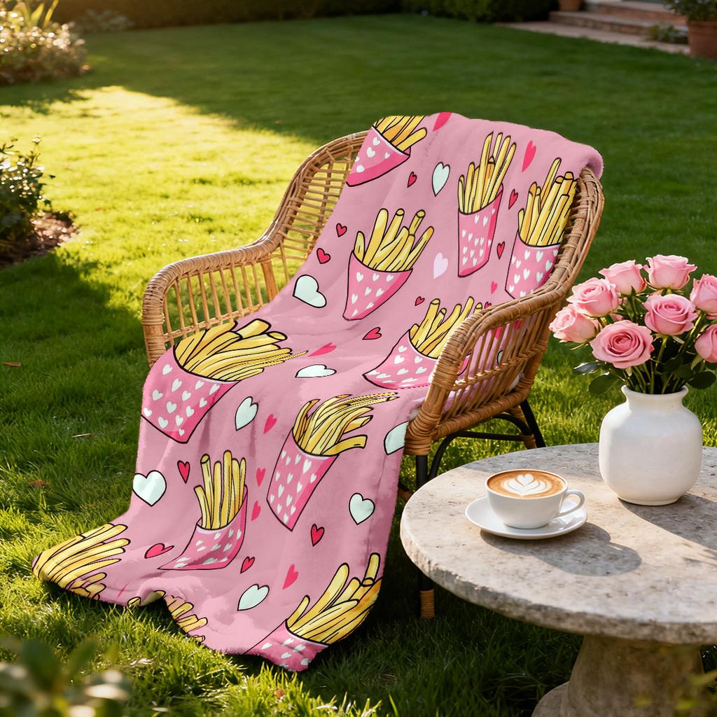 1Pc Cartoon French Fries Printed Flannel Blanket In Multiple Sizes, Soft And Comfortable, Machine Washable Gift Blanket