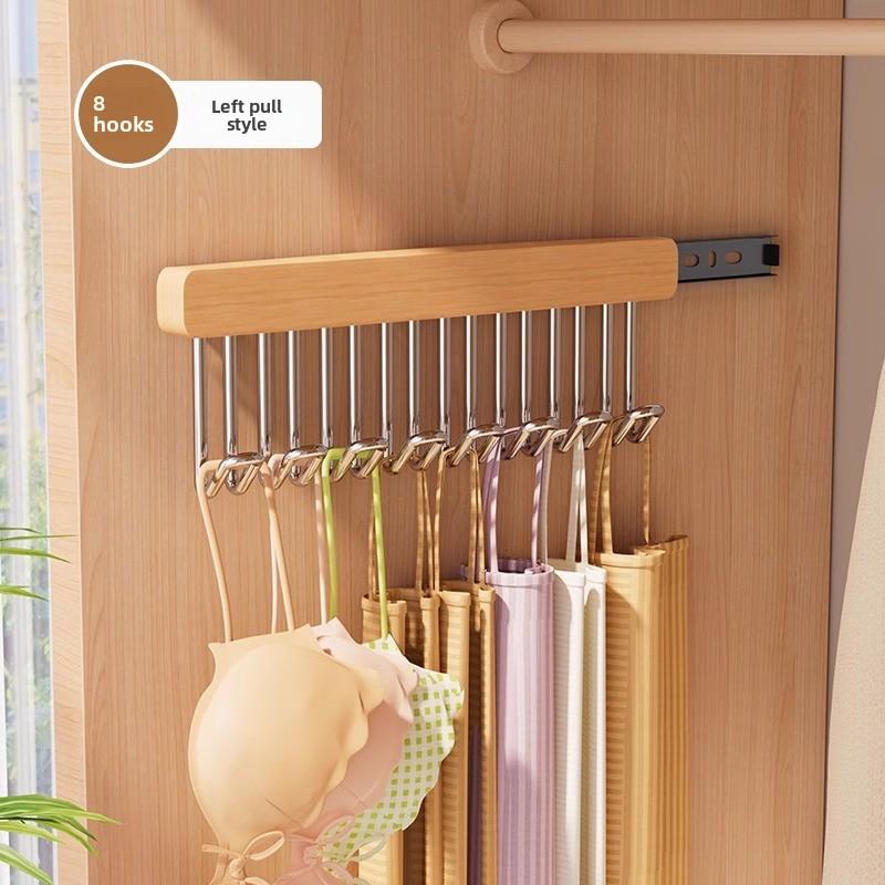 

1 шт. Настенная вешалка из массива дерева с 8/12 крючками, бытовая выдвижная вешалка-слайдер для гардероба, для хранения подтяжек, нижнего белья, бюстгальтеров, чулок Left - 8 hooks