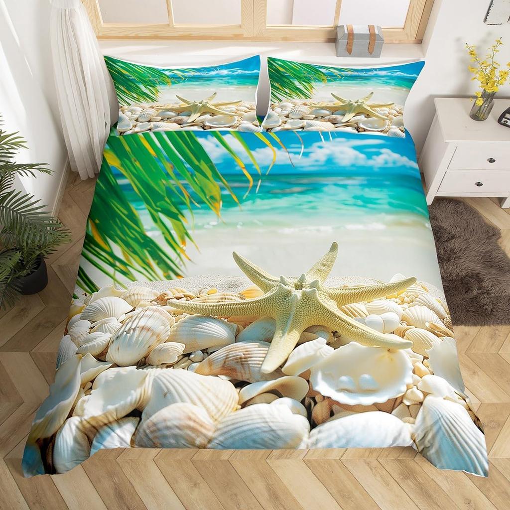 Summer Beach Theme Duvet Cover Twin Queen, Starfish Conch Seashell Bedding Set for Boys Girls Bedroom, Ocean Animal Bed Cover
