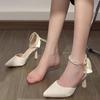 Bow temperament fashion thin heel sandals women 2025 new Korean version fairy style pearl lace-up pointed high heels