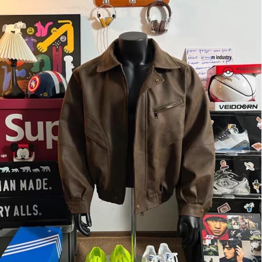 

Американская ретро кожаная куртка Maillard для мужчин - Весна/Осень, высококачественный дизайн бомбера с лацканами M коричневый