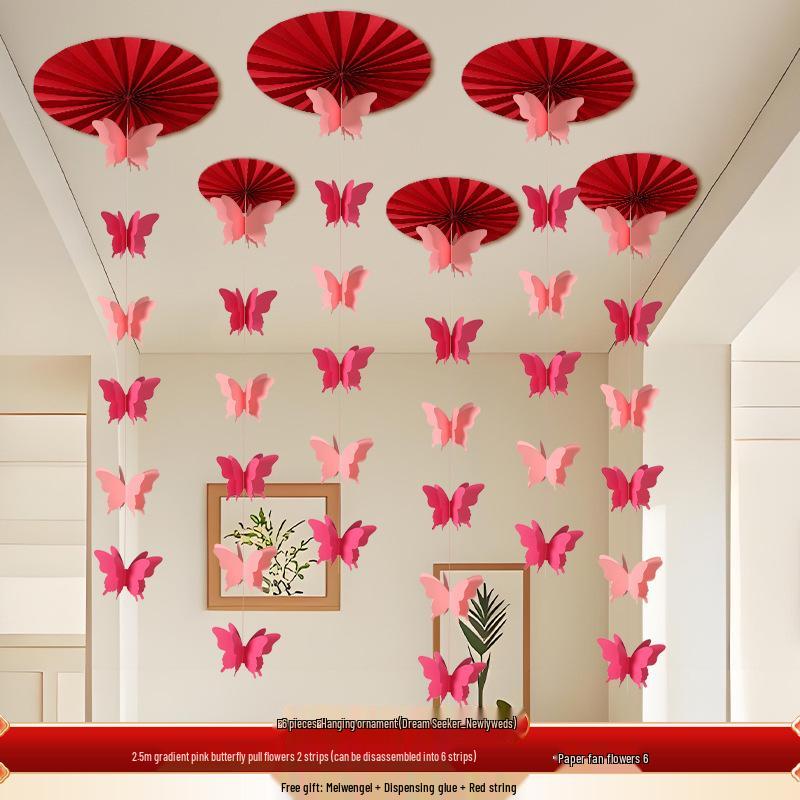 Wedding Décor: Double Happiness Paper Cut Ornaments for Ceiling and Walls, Festive Butterfly Pull Flowers for Bedrooms and Living Rooms