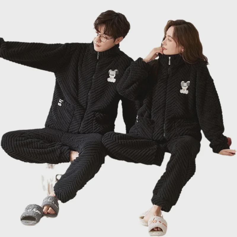 Vinter Plysch Par Pyjamas Set: Stilfull Sportdragkedjedesign för Män & Kvinnor